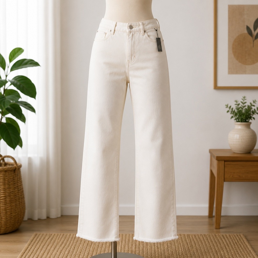 NWT Denim & Co Jeans Womens 24W Beige Cropped Raw Hem Straight Leg Pants